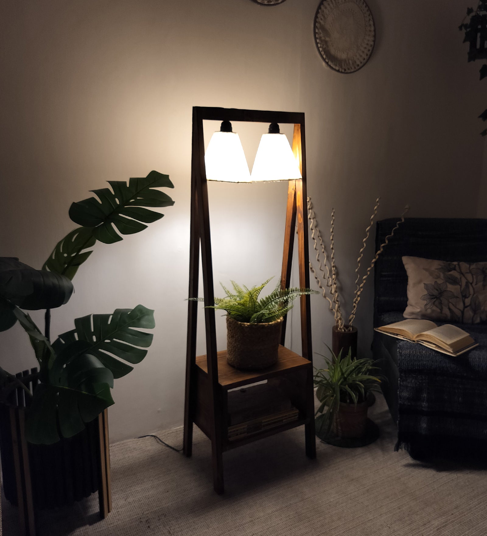 Francis Wooden Floor Lamp with Brown Base and Jute Fabric Lampshade (BULB NOT INCLUDED)