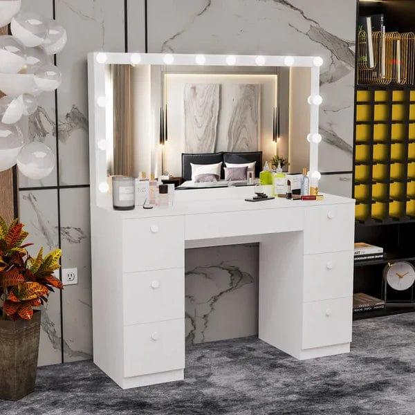 Vanrste White Vanity Table with Charging Station & Power Outlet | Makeup Vanity with Storage Drawers | Vanity Desk with Lighted Mirror for Women - Ouch Cart 