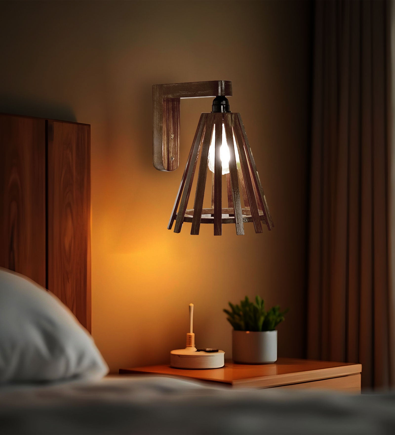 Funnel Brown Wooden Wall Light (BULB NOT INCLUDED)