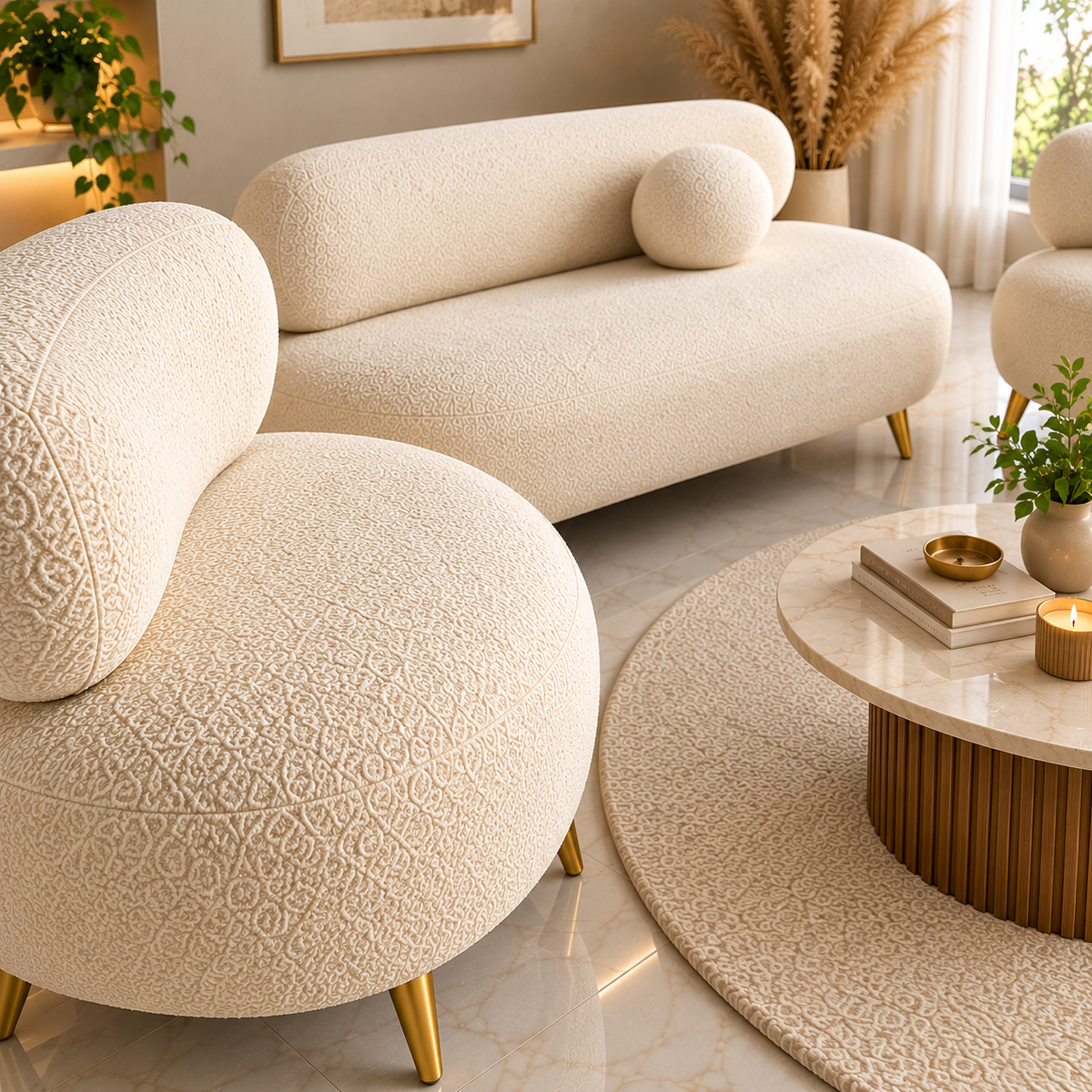Furnkraft Cream Bouclé Sofa Set with 2 Accent Chairs, Modern 3-Seater Living Room Furniture Set with Gold Metal Legs, Plush Upholstered Sofa Set for Home, Lounge & Apartment