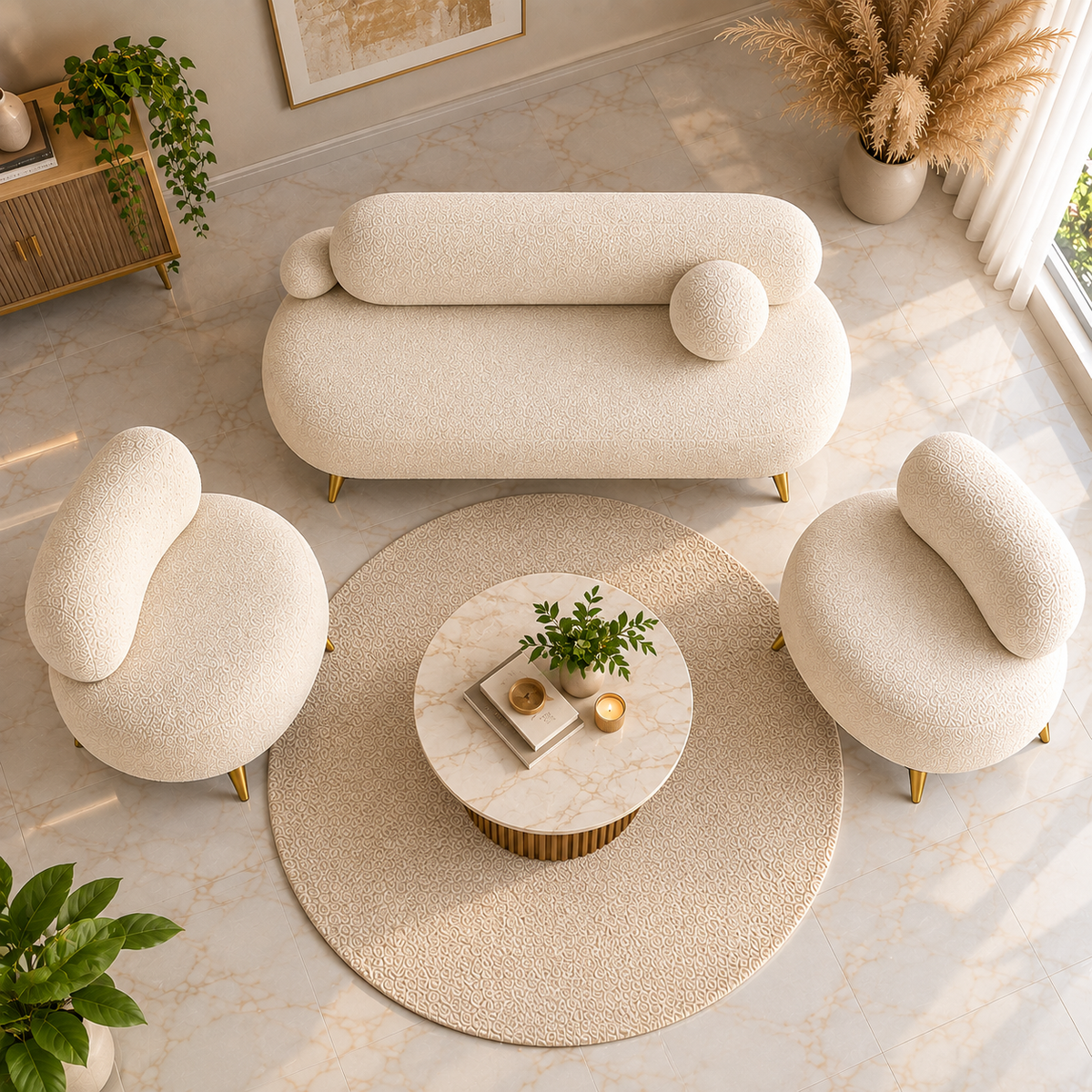 Furnkraft Cream Bouclé Sofa Set with 2 Accent Chairs, Modern 3-Seater Living Room Furniture Set with Gold Metal Legs, Plush Upholstered Sofa Set for Home, Lounge & Apartment