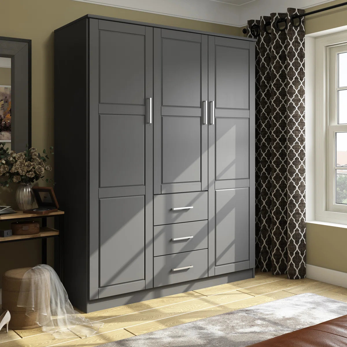 Bassam Cosmo 100% Solid Wood 3-door Wardrobe Armoire