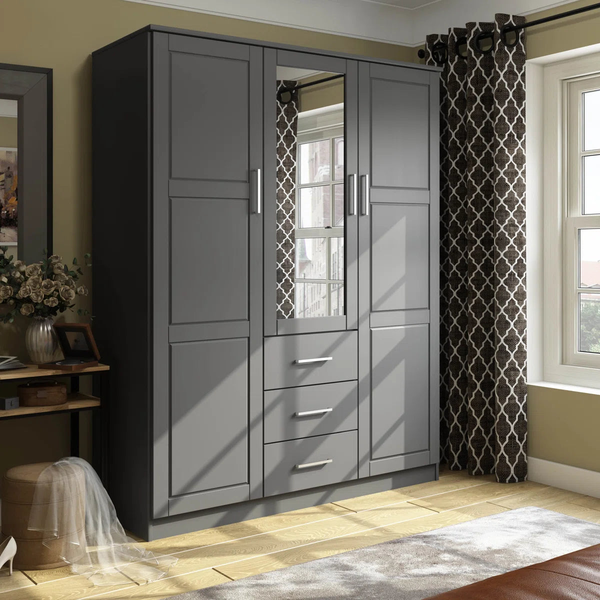 Aveah 100% Solid Wood 3-door Wardrobe Armoire with Mirrored Door
