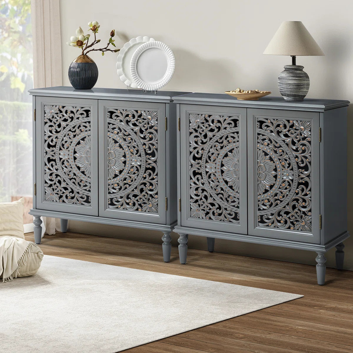 Breesford 32" Tall 2-Door Openwork Carving Accent Cabinet with Solid Wood Legs Set of 2- OUCH CART| cabinet