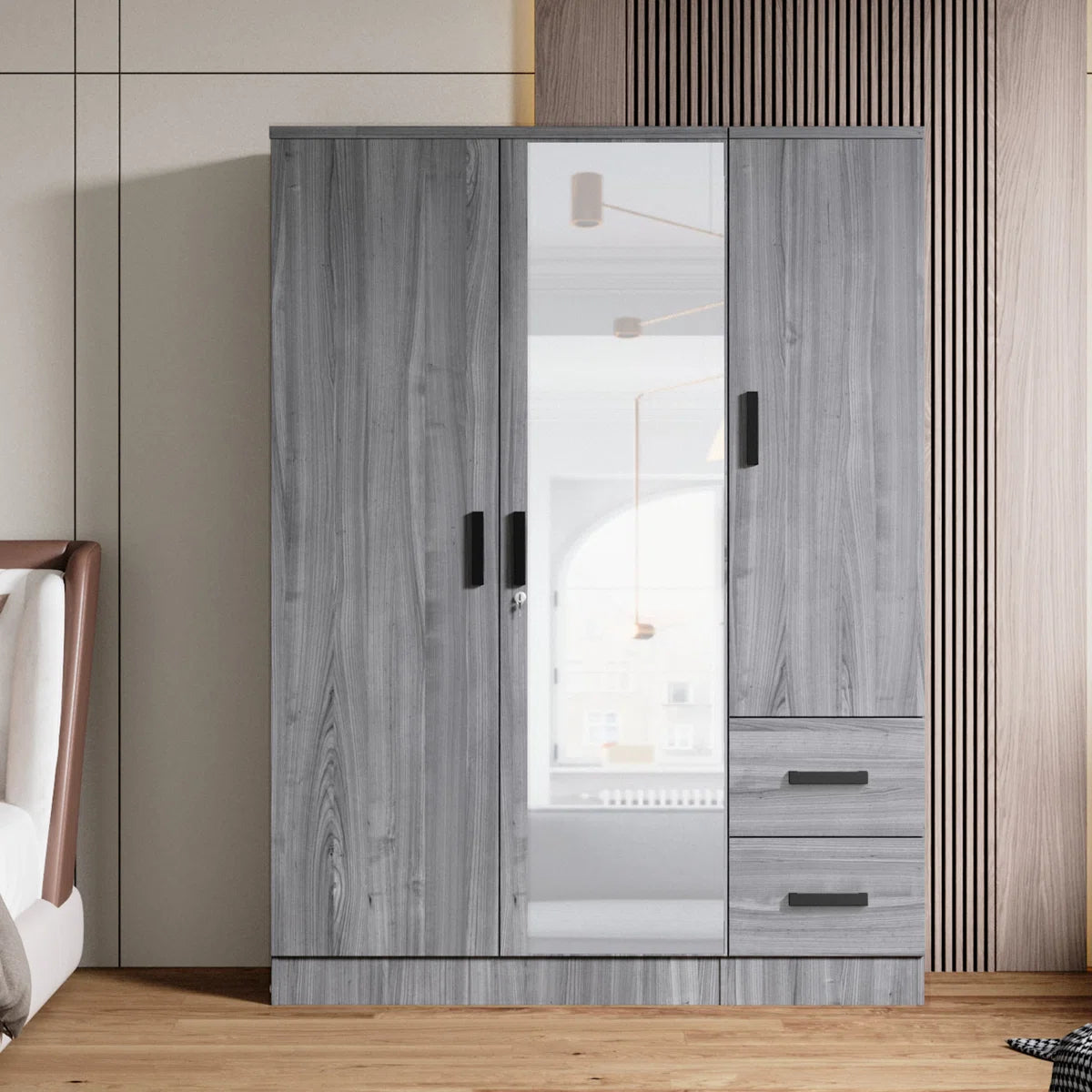 Wooden 2 Drawers 3 Doors Wardrobe Armoire With Mirror