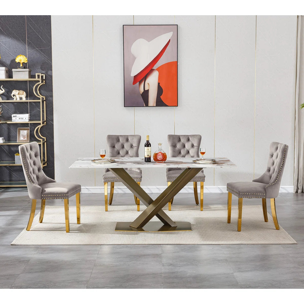 Faux Marble Dining Table Set, Marble Dining Table Set with Tufted Dining Chairs, 70 in Rectangle Large Kitchen Dining Room Table Set with Bronze Carbon Steel Frame for Home