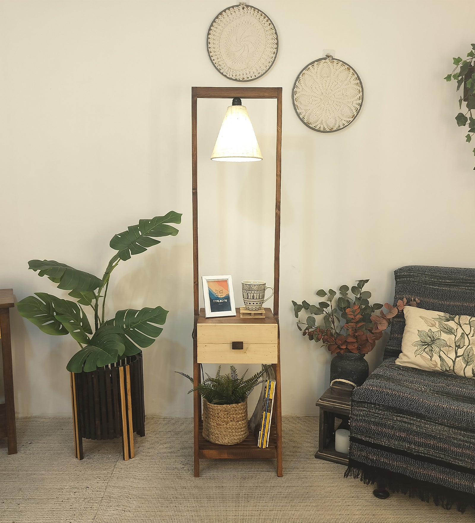 Gabrielle Wooden Floor Lamp with Brown Base and Jute Fabric Lampshade (BULB NOT INCLUDED)