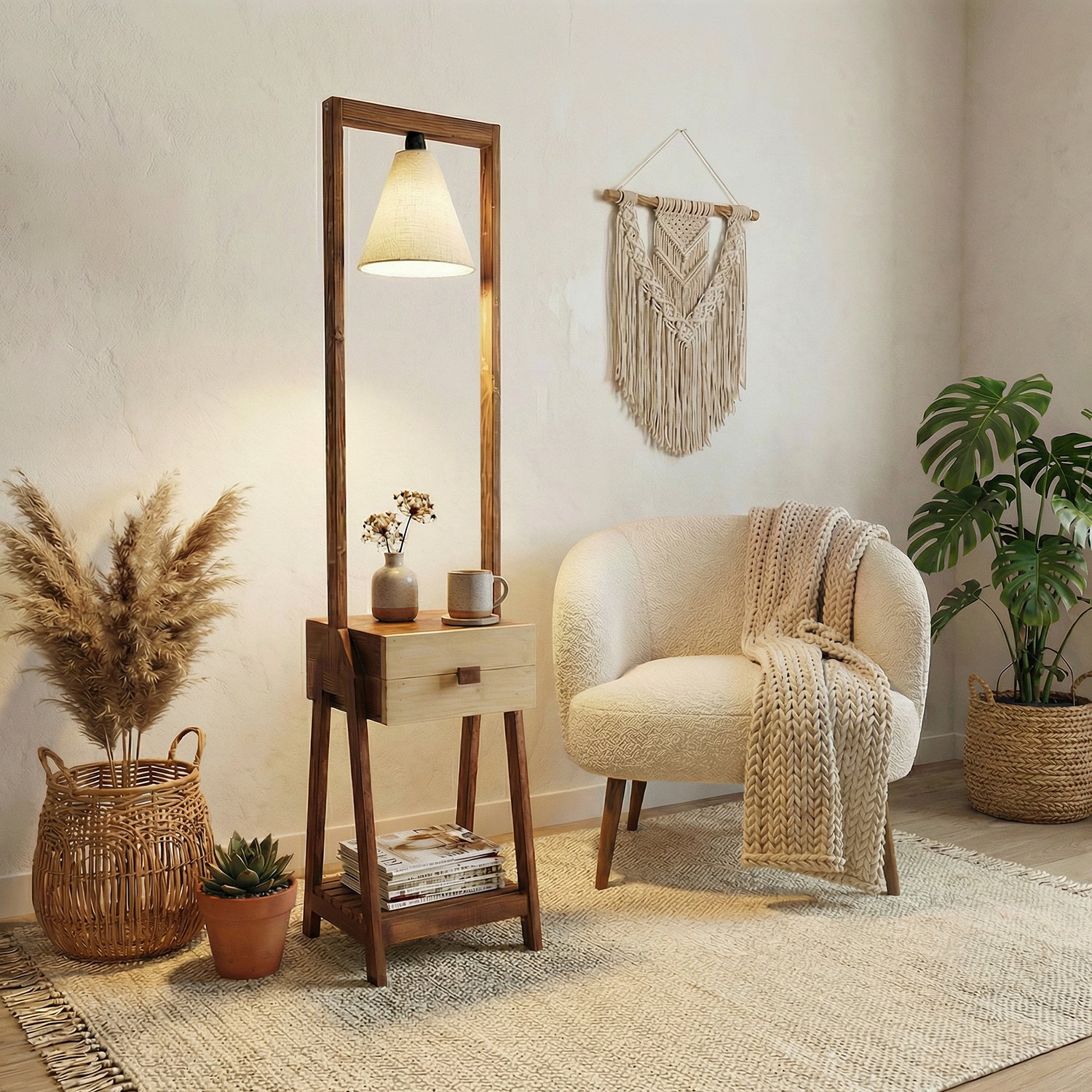 Gabrielle Wooden Floor Lamp with Brown Base and Jute Fabric Lampshade (BULB NOT INCLUDED)