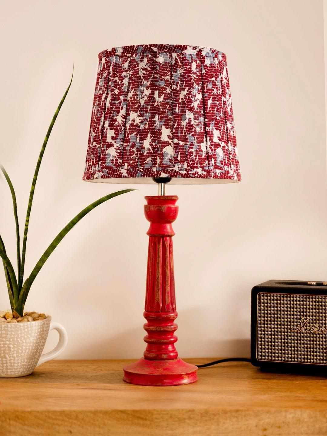 Wooden Pillar Pink lamp with pleeted Colorful Soft Shade - Ouch Cart 