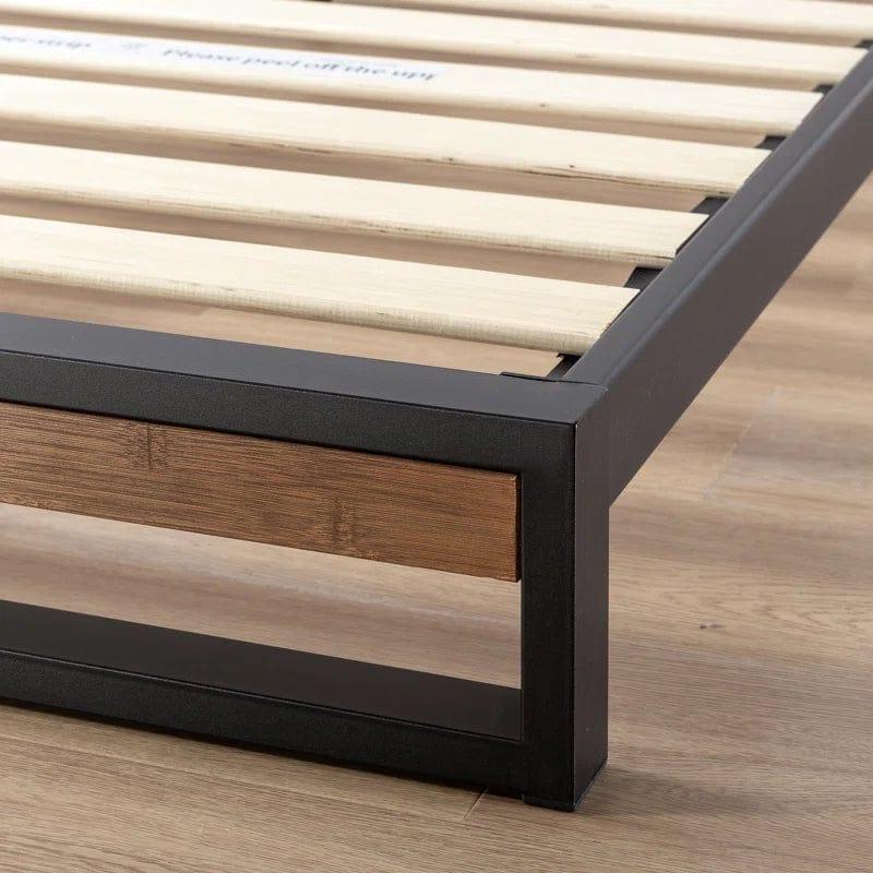 Gemma Solid Steel Bed Frame with Detailed Wood Headboard - Ouch Cart 