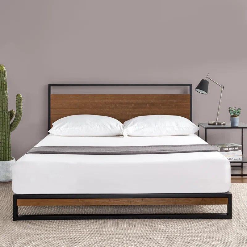 Gemma Solid Steel Bed Frame with Detailed Wood Headboard