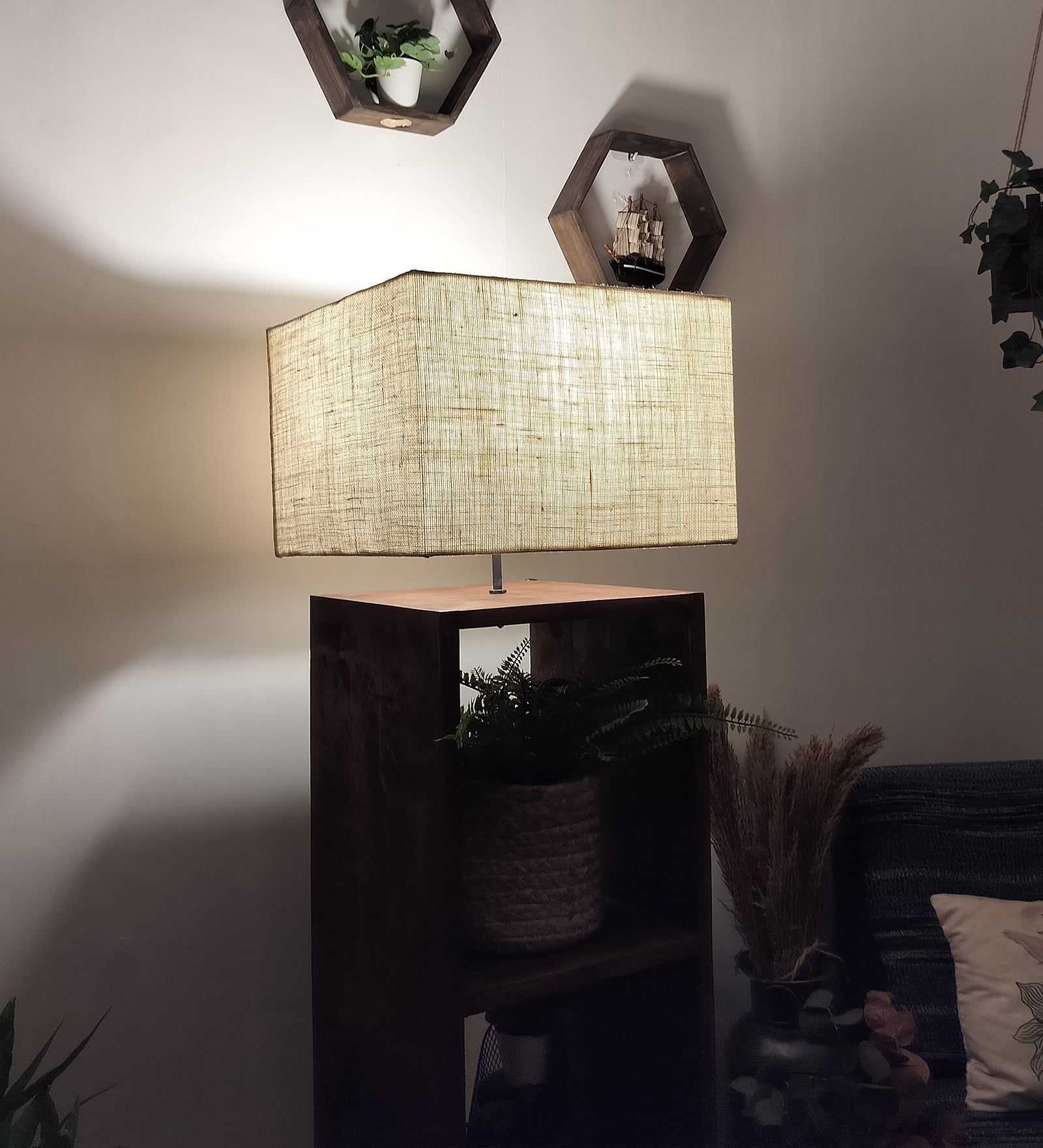 Genevieve Wooden Floor Lamp with Brown Base and Jute Fabric Lampshade (BULB NOT INCLUDED)