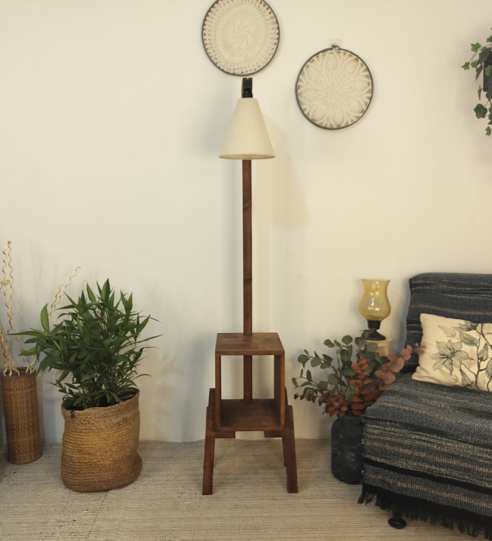 Gerard Wooden Floor Lamp with Brown Base and Jute Fabric Lampshade (BULB NOT INCLUDED)