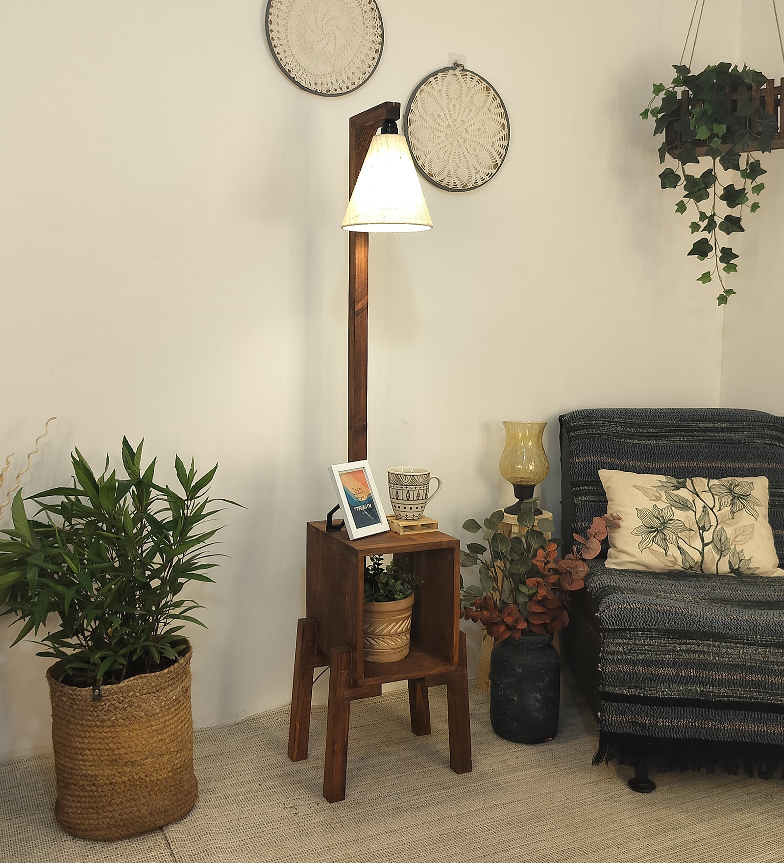 Gerard Wooden Floor Lamp with Brown Base and Jute Fabric Lampshade (BULB NOT INCLUDED)