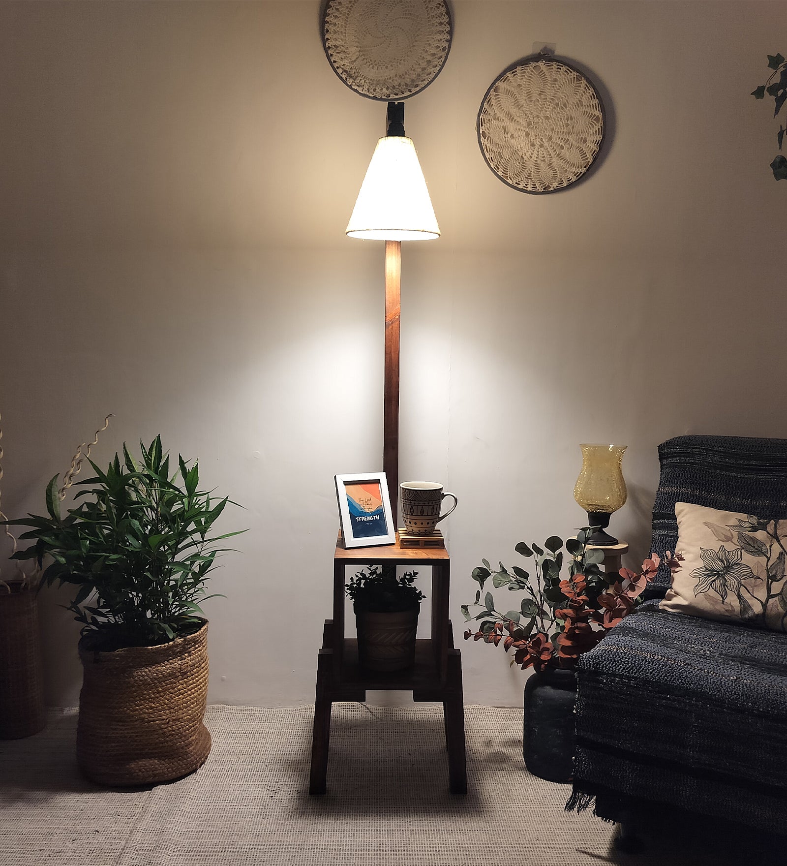 Gerard Wooden Floor Lamp with Brown Base and Jute Fabric Lampshade (BULB NOT INCLUDED)