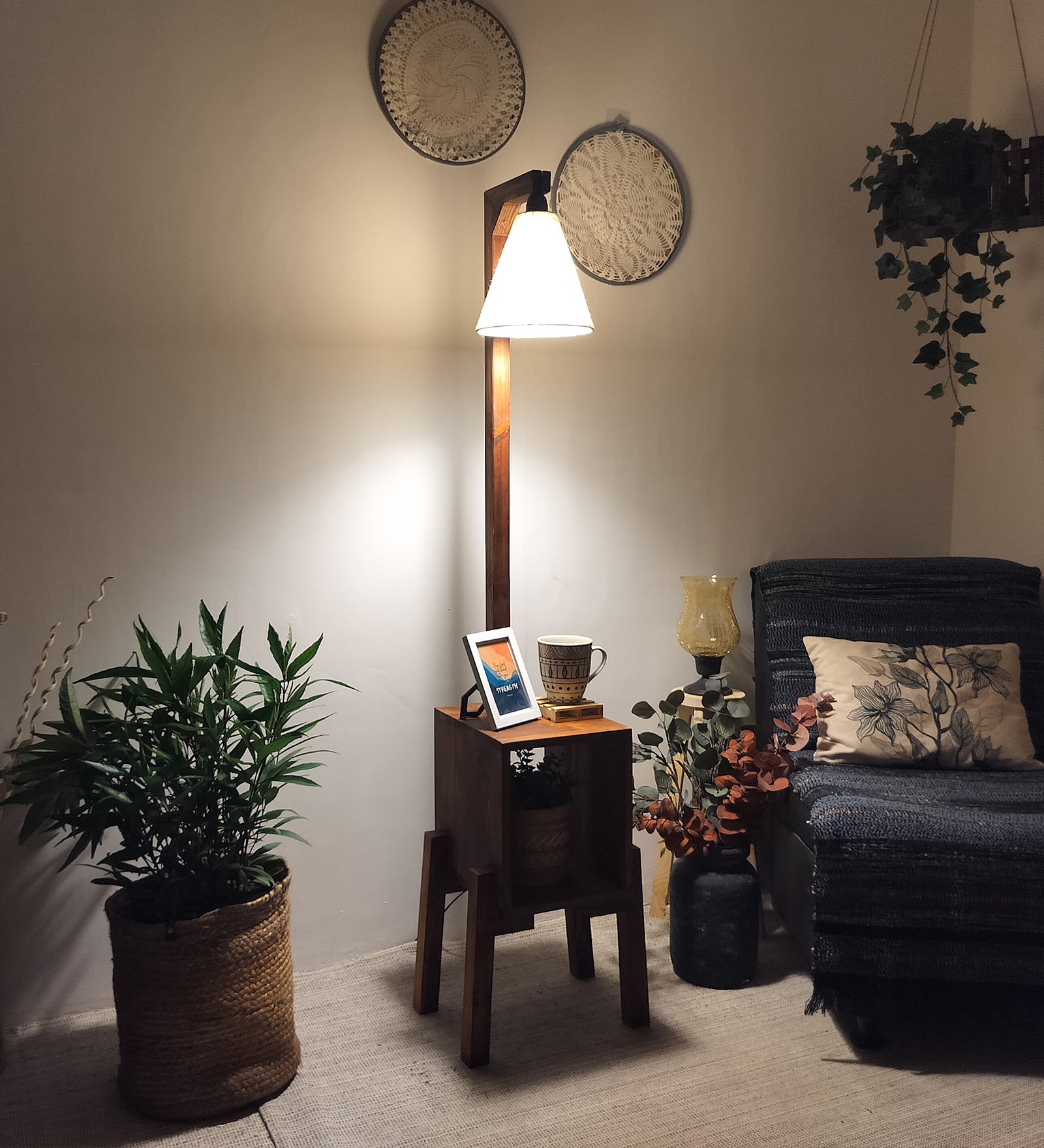 Gerard Wooden Floor Lamp with Brown Base and Jute Fabric Lampshade (BULB NOT INCLUDED)