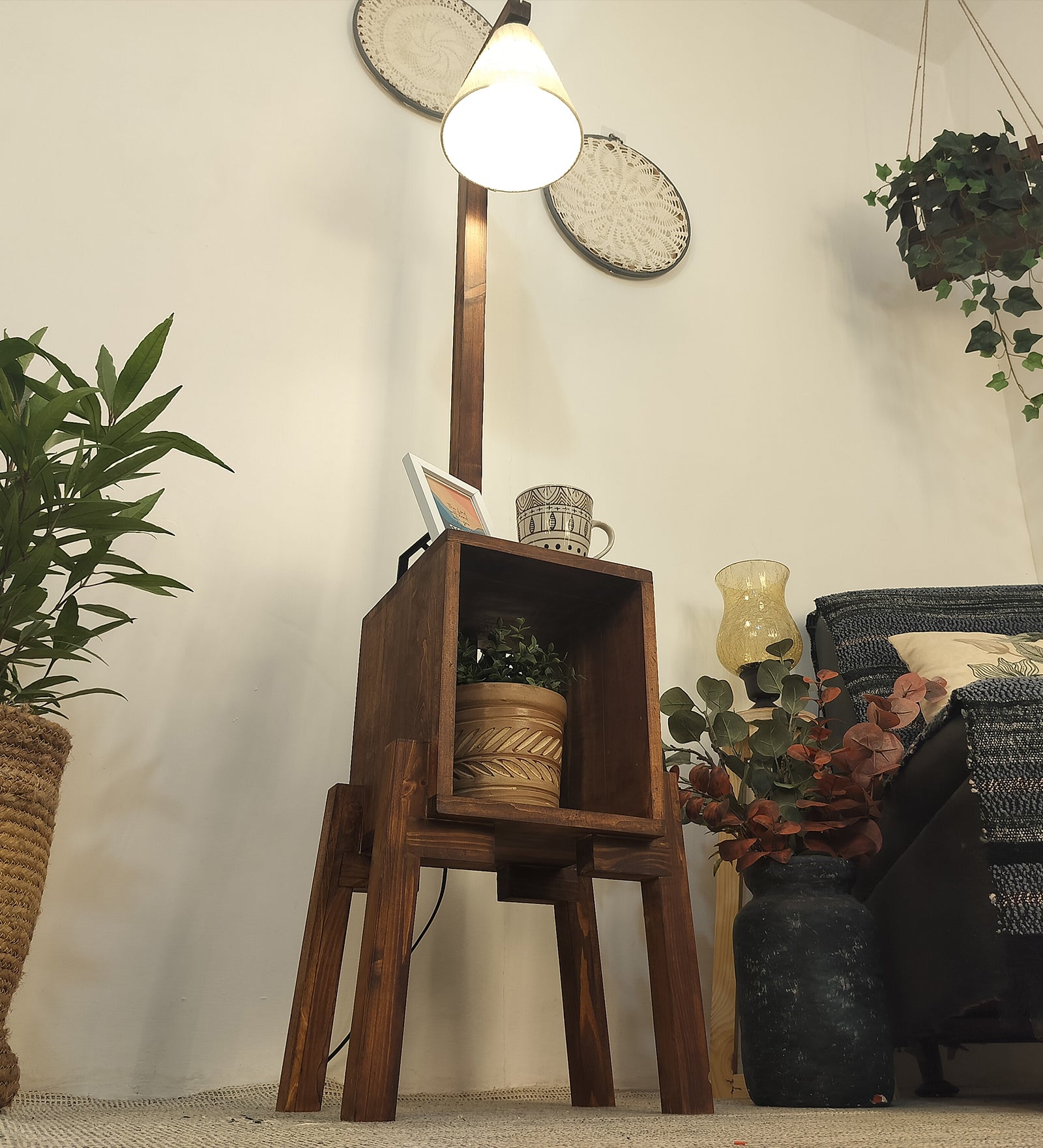 Gerard Wooden Floor Lamp with Brown Base and Jute Fabric Lampshade (BULB NOT INCLUDED)