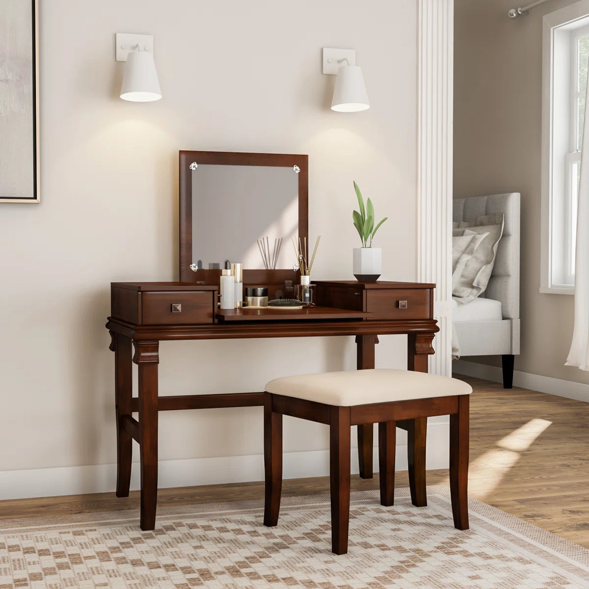 Traditional Flip-Up Mirror Vanity Set with Storage Drawers & Upholstered Bench