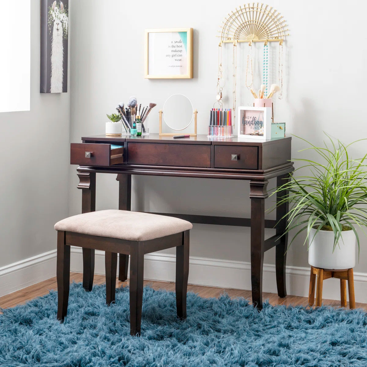 Traditional Flip-Up Mirror Vanity Set with Storage Drawers & Upholstered Bench
