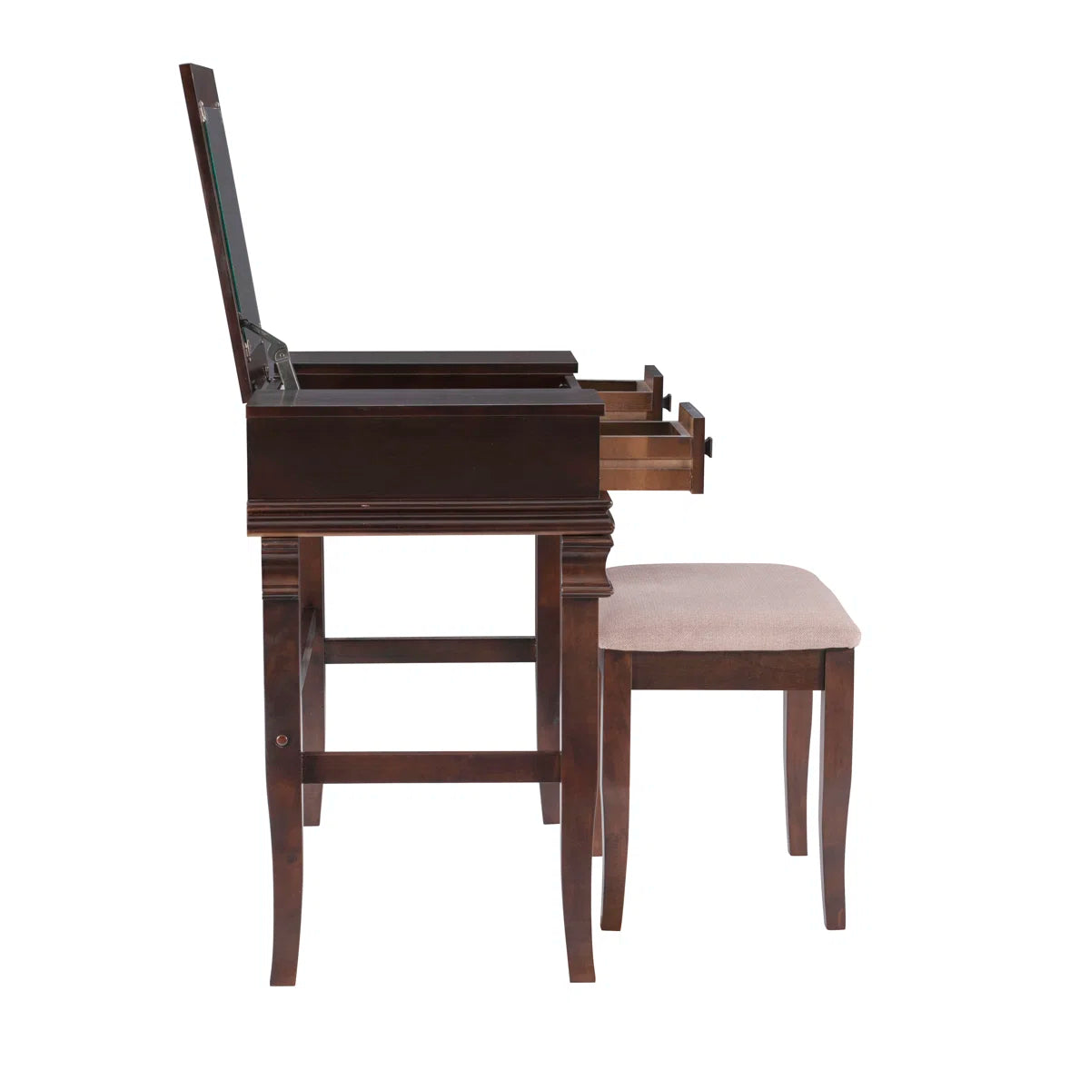 Traditional Flip-Up Mirror Vanity Set with Storage Drawers & Upholstered Bench