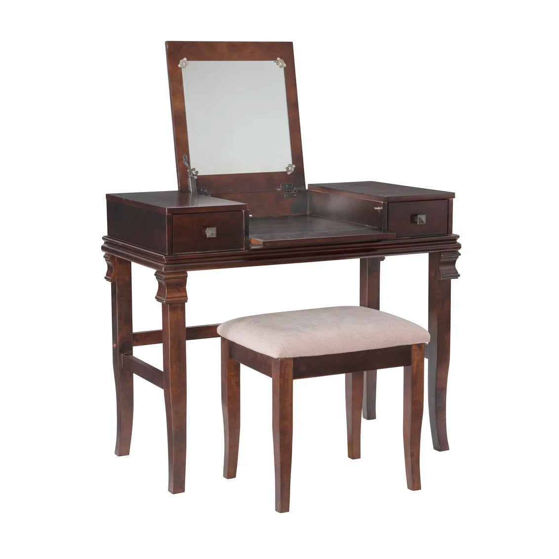 Traditional Flip-Up Mirror Vanity Set with Storage Drawers & Upholstered Bench