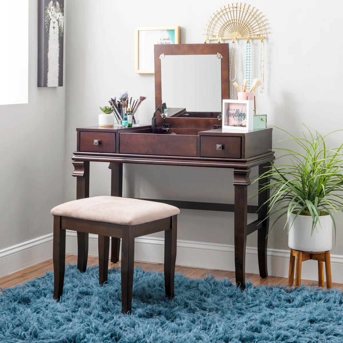Traditional Flip-Up Mirror Vanity Set with Storage Drawers & Upholstered Bench