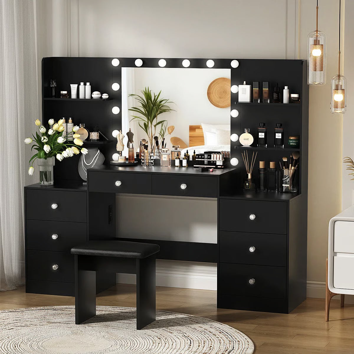 Greyden Zeibak Lighted Makeup Vanity Table with 8 Drawers, 14 LED Lights, and Ample Storage- OUCH CART | Dressing table 