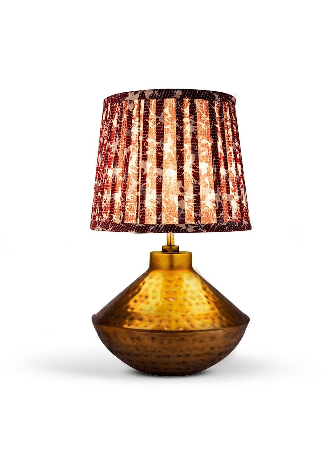 Golden Hammered Urn Lamp with Pleeted Multicolor Maroon Shade - Ouch Cart 