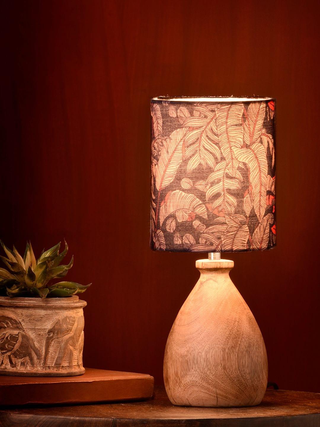 Wooden Dome Table Lamp Blue Leaves Shade - Ouch Cart 