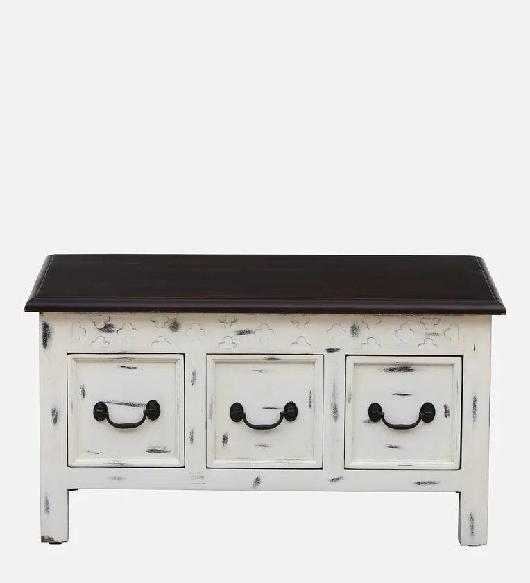 Solid Wood Coffee Table In White Distressed Finish With Drawers - Ouch Cart 