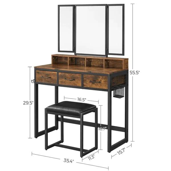 Felix Vanity Dressing Table Vanity Desk Set with Mirror, Makeup Table with Drawer & Dressing Table with Stool for Bedroom, Rustic Brown - Ouch Cart 