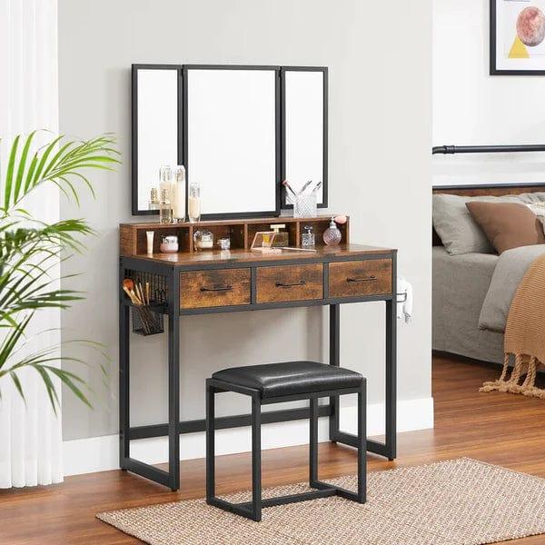 Felix Vanity Dressing Table Vanity Desk Set with Mirror, Makeup Table with Drawer & Dressing Table with Stool for Bedroom, Rustic Brown - Ouch Cart 