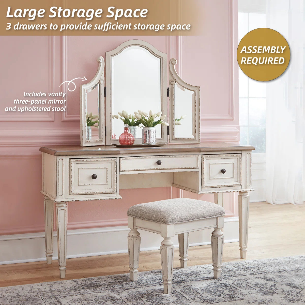 Kelly Clarkson Home 3-Piece Two-Tone Vanity Set with Tri-Fold Mirror & Upholstered Stool