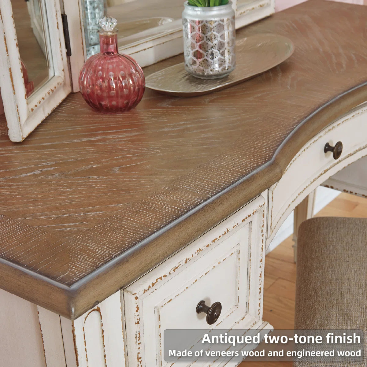 Kelly Clarkson Home 3-Piece Two-Tone Vanity Set with Tri-Fold Mirror & Upholstered Stool