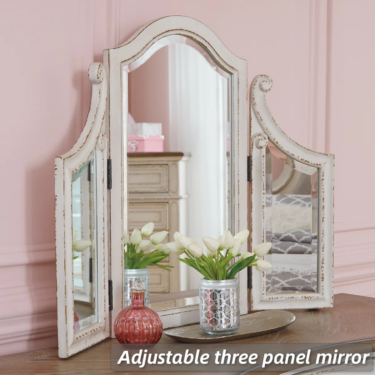 Kelly Clarkson Home 3-Piece Two-Tone Vanity Set with Tri-Fold Mirror & Upholstered Stool