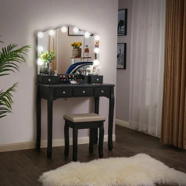 Sbdmirau Modern Vanity Desk with Lighted Mirror | Desk Makeup Dressing Table | 10 LED Lights | 3 Large Drawers and 2 small drawer | Writing Desk with Storage for Bedroom - White - Ouch Cart 