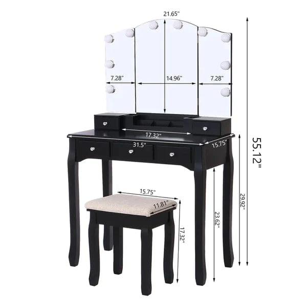 Sbdmirau Modern Vanity Desk with Lighted Mirror | Desk Makeup Dressing Table | 10 LED Lights | 3 Large Drawers and 2 small drawer | Writing Desk with Storage for Bedroom - White - Ouch Cart 