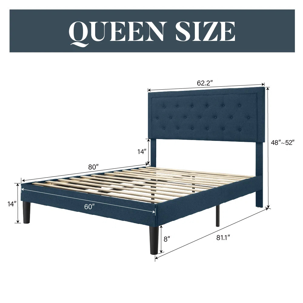 Upholstered Platform Bed with Tufted Headboard & Wood Slats