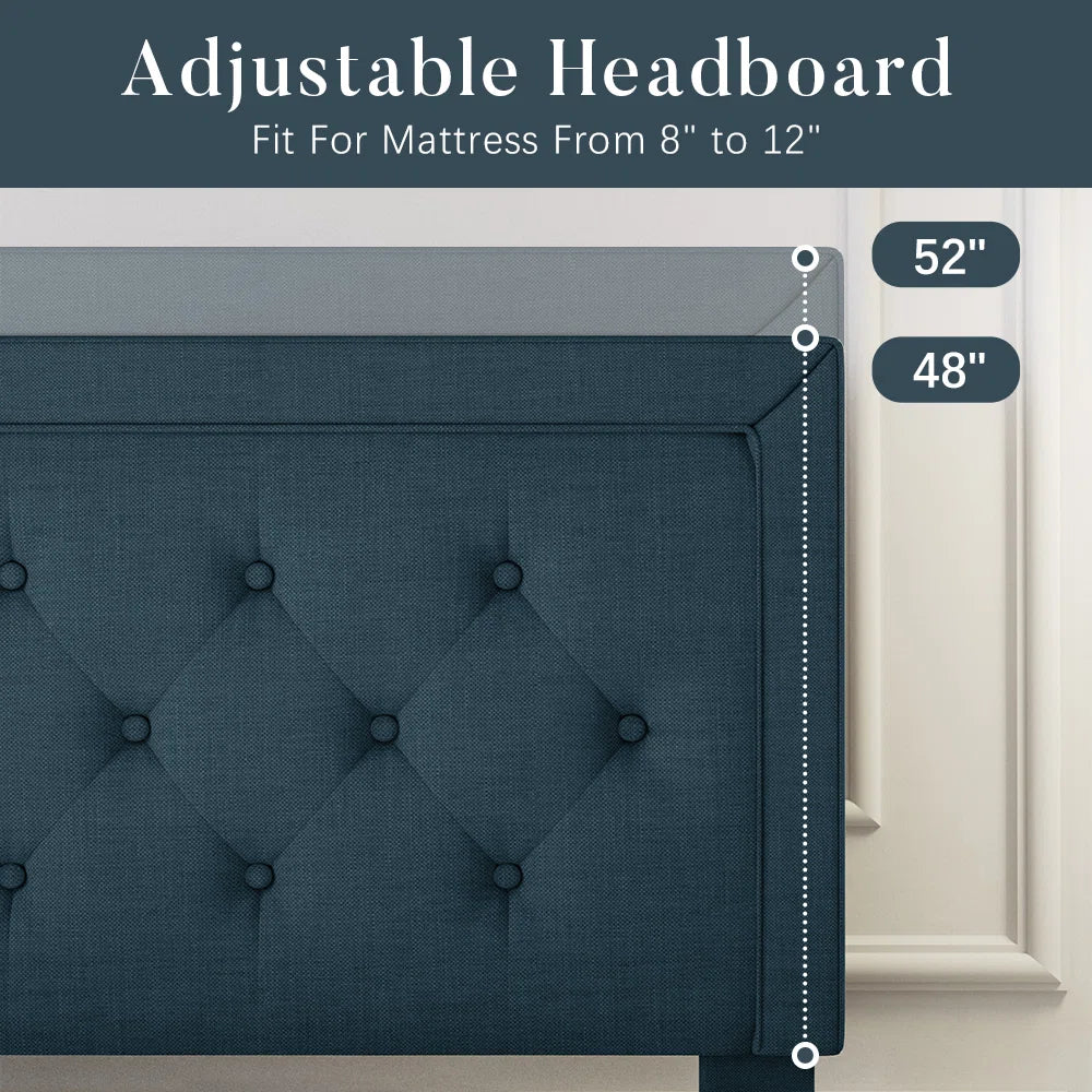 Upholstered Platform Bed with Tufted Headboard & Wood Slats