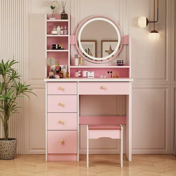 Alva Vanity Dressing Table Wood with Light Design Vanity Desk with Mirror and Lights, Makeup Vanity with Storage Drawer & Stool & 4 Shelves - Ouch Cart 