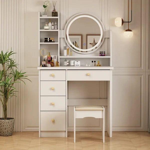 Alva Vanity Dressing Table Wood with Light Design Vanity Desk with Mirror and Lights, Makeup Vanity with Storage Drawer & Stool & 4 Shelves - Ouch Cart 