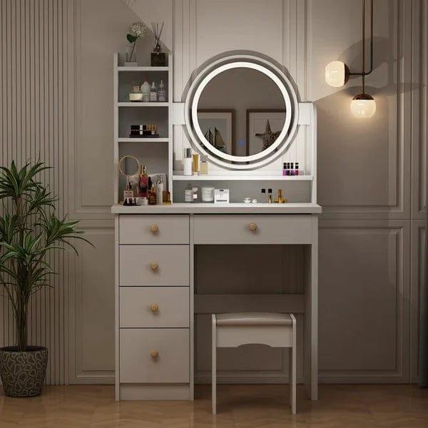 Alva Vanity Dressing Table Wood with Light Design Vanity Desk with Mirror and Lights, Makeup Vanity with Storage Drawer & Stool & 4 Shelves - Ouch Cart 