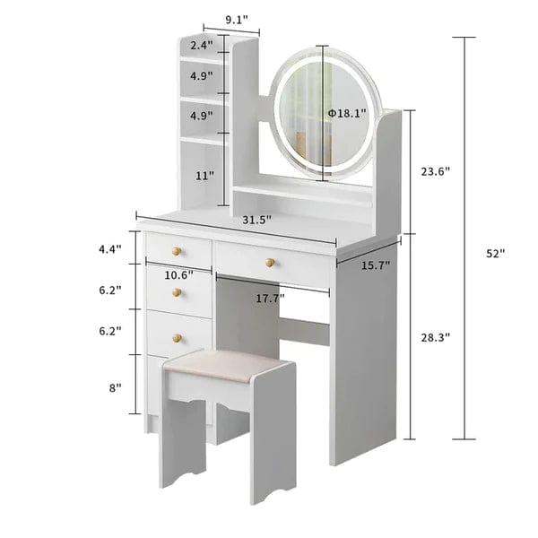 Alva Vanity Dressing Table Wood with Light Design Vanity Desk with Mirror and Lights, Makeup Vanity with Storage Drawer & Stool & 4 Shelves - Ouch Cart 