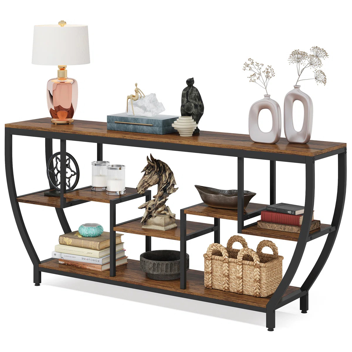 Industrial Console Table with 7 Shelves – Rustic Entryway & Sofa Table