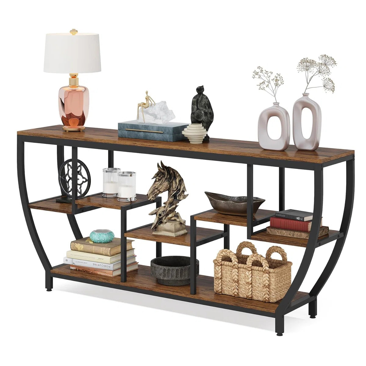Industrial Console Table with 7 Shelves – Rustic Entryway & Sofa Table