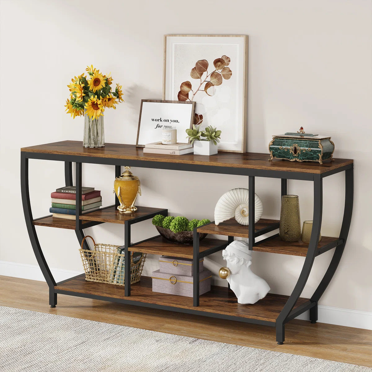 Industrial Console Table with 7 Shelves – Rustic Entryway & Sofa Table