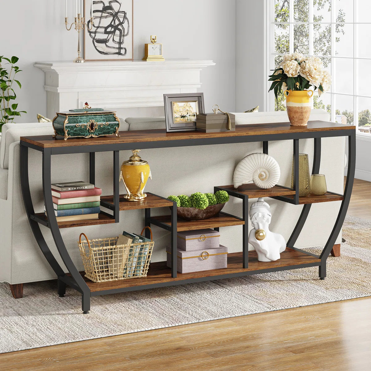 Industrial Console Table with 7 Shelves – Rustic Entryway & Sofa Table