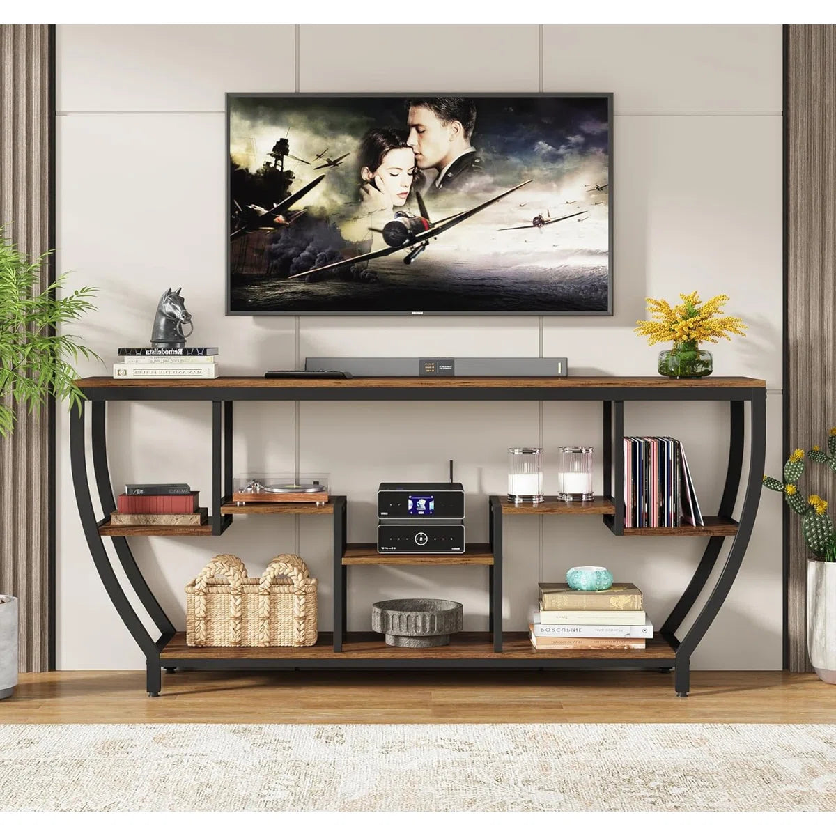 Industrial Console Table with 7 Shelves – Rustic Entryway & Sofa Table