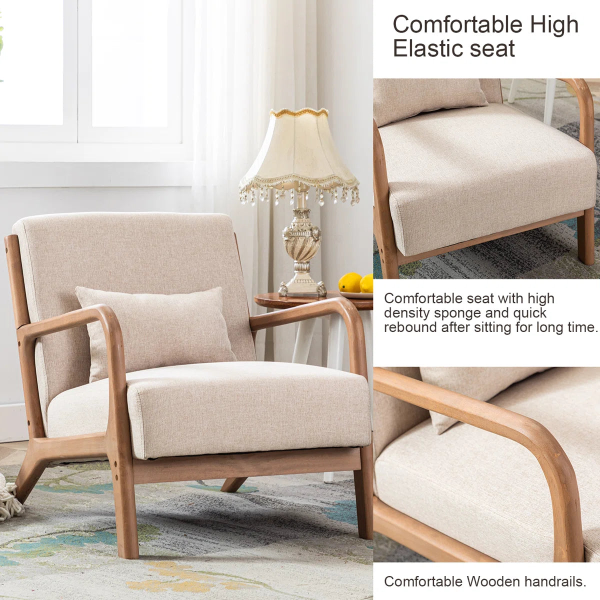 Hertford Mid-Century Upholstered Accent Chair with Solid Wood Frame & Pillow