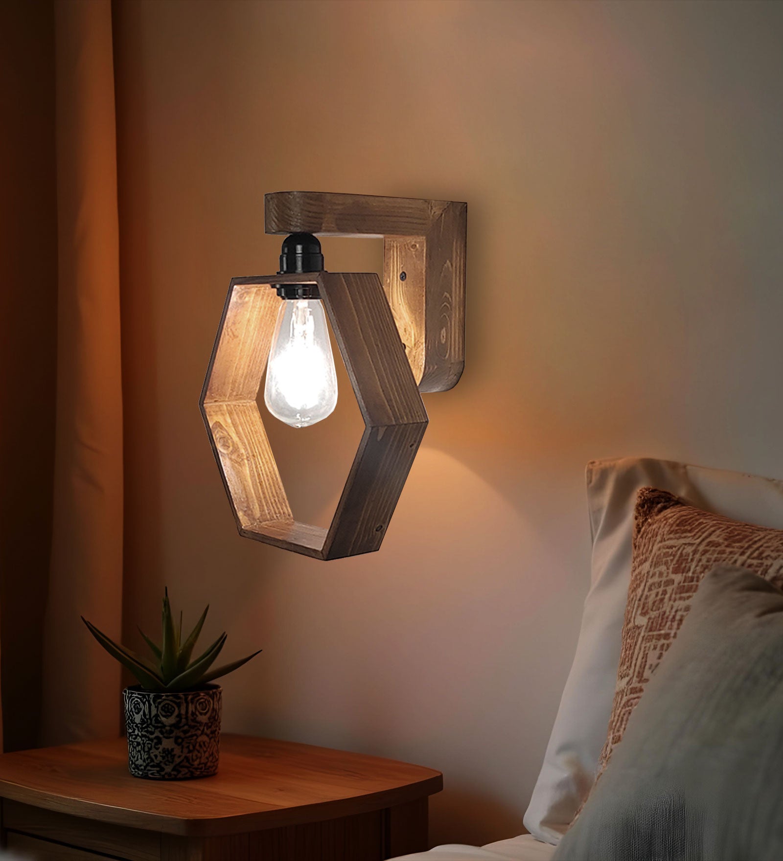 Hex Brown Wooden Wall Light (BULB NOT INCLUDED)